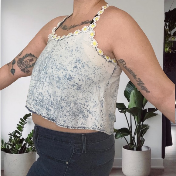 Dejavu Retro Daisy Light Acid Wash Crop Lightweight Festival Tank Size M Blue - Picture 3 of 11